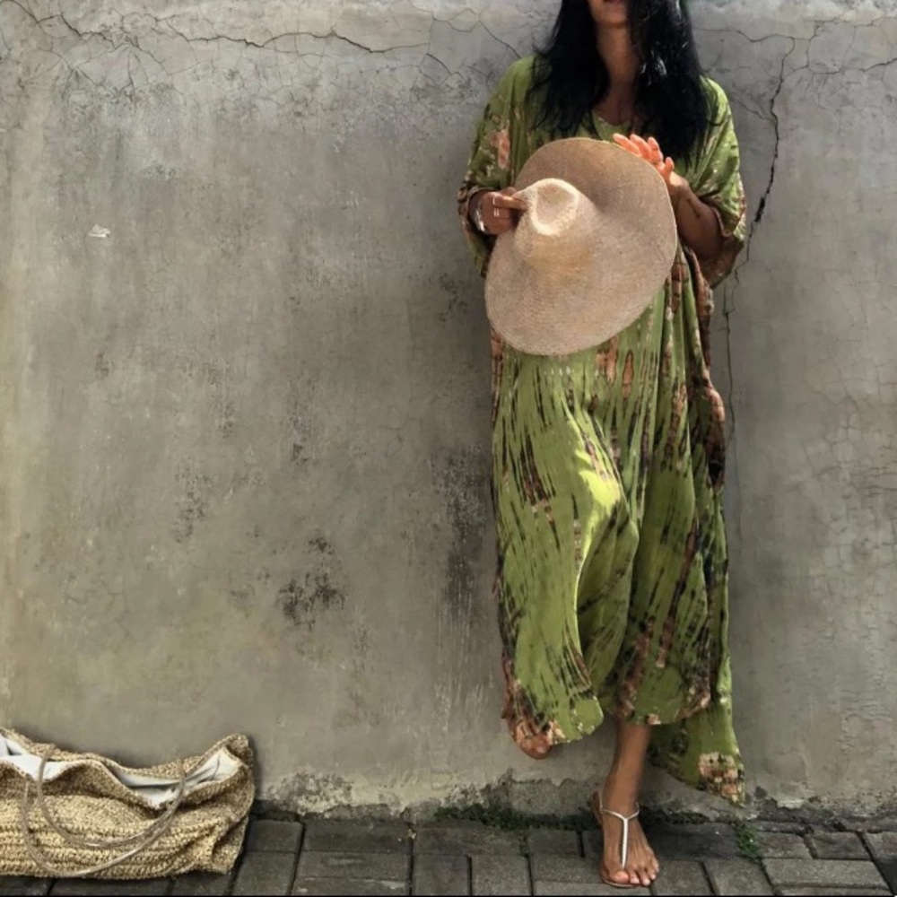 Lime Green Boho Tie Dye Kaftan Kimono Dress - Picture 4 of 6